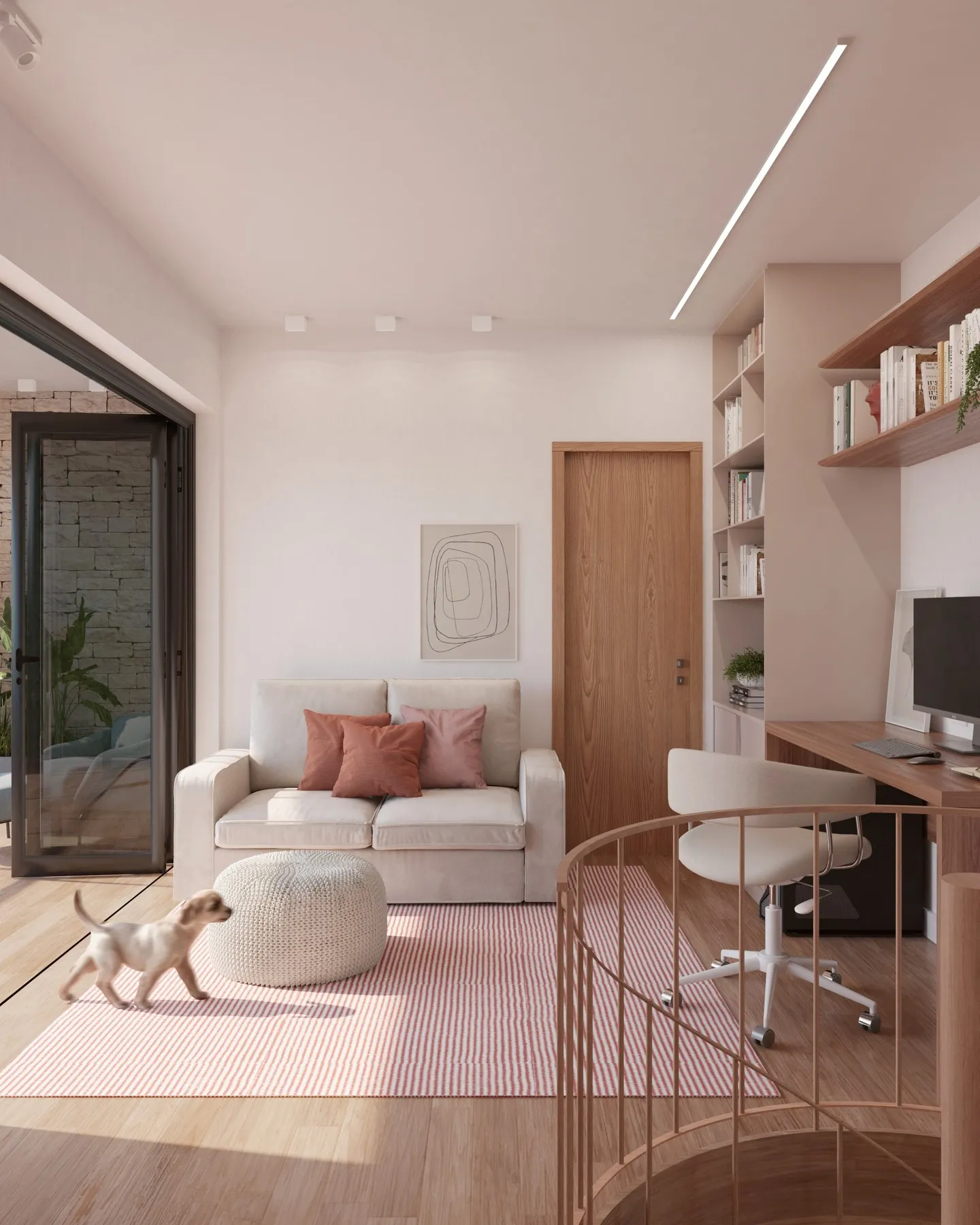 Escritório da Edícula 215 em render, com sofá e escada