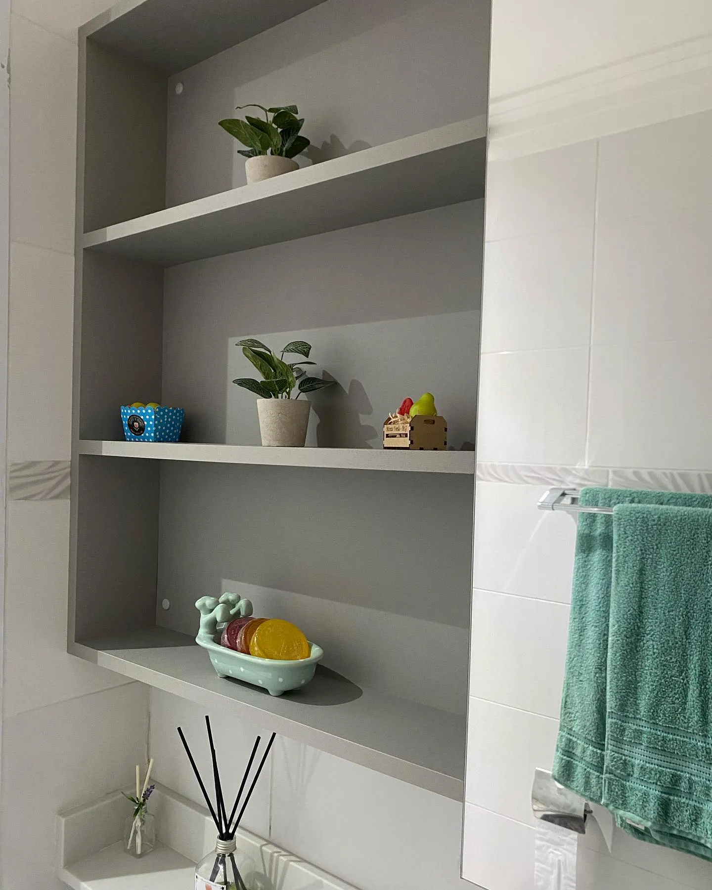 Nichos do banheiro 64B com plantas e difusor
