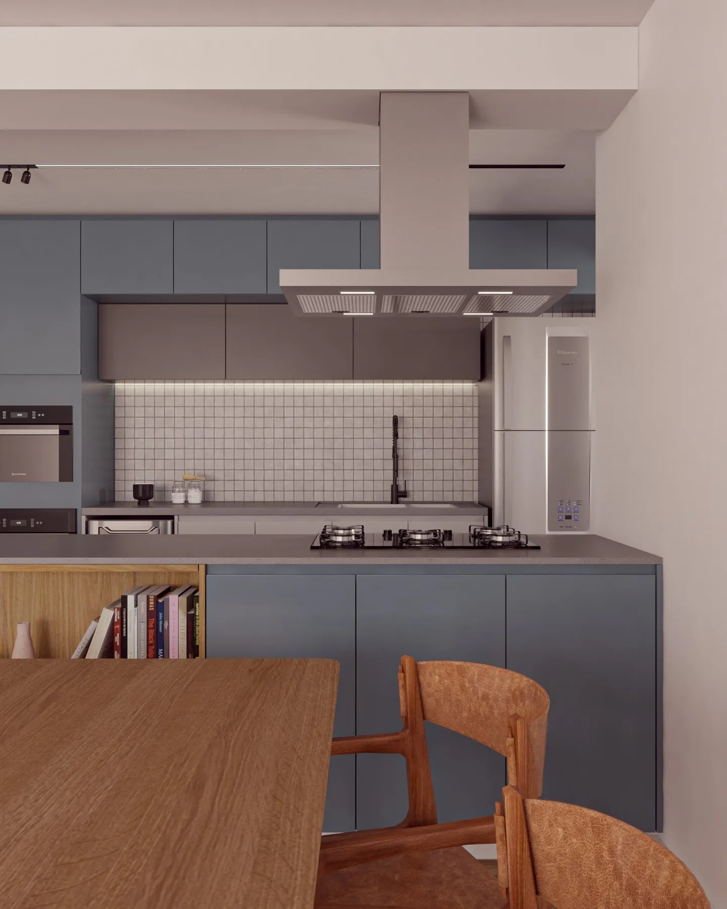 Cozinha do apto 42 em render: bancada e armários azuis