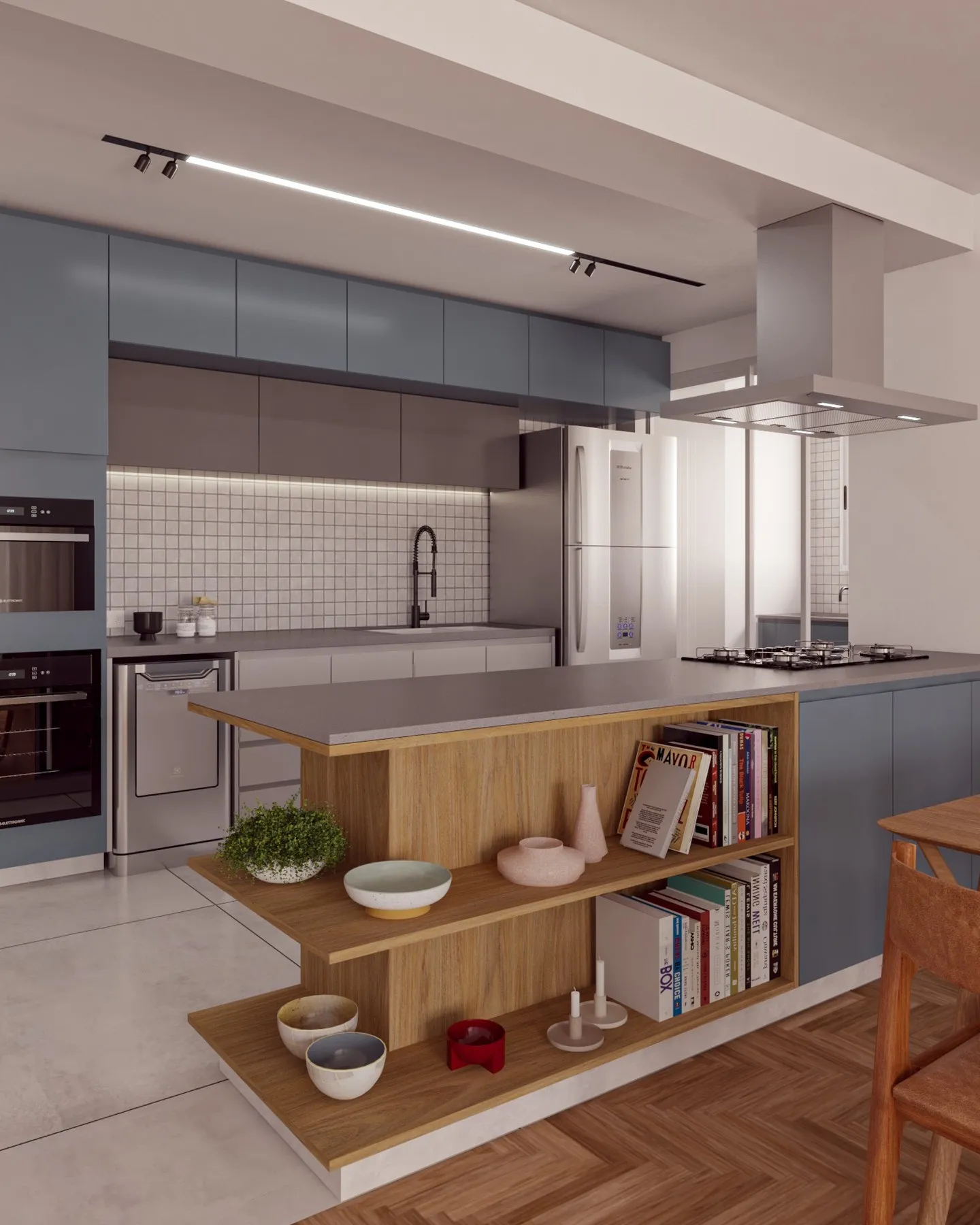 Render da cozinha do apto 42 com estante de madeira e louças