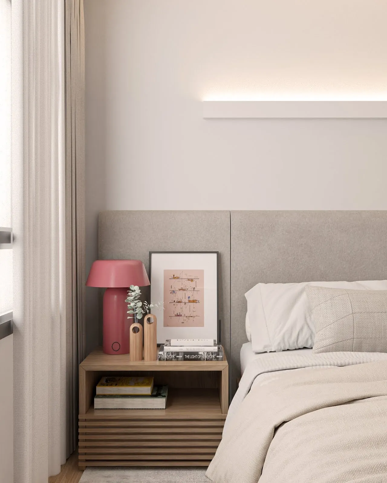 Detalhe do criado-mudo da suíte com luminária rosa