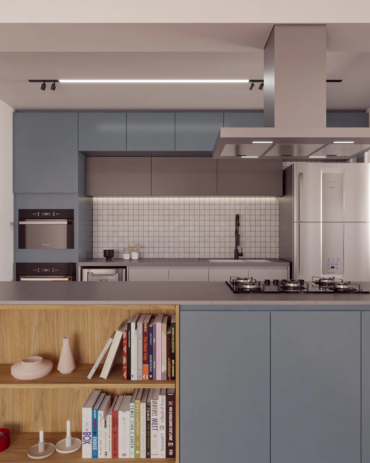 Render da cozinha do apto 42 com vista da ilha