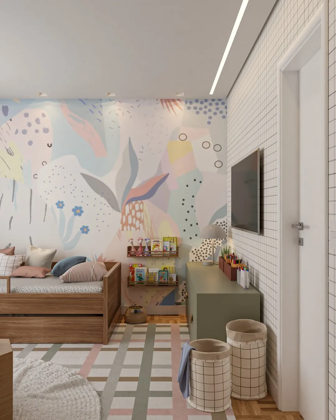 Dormitório infantil 42C: mural aquarela e cama-baú de madeira
