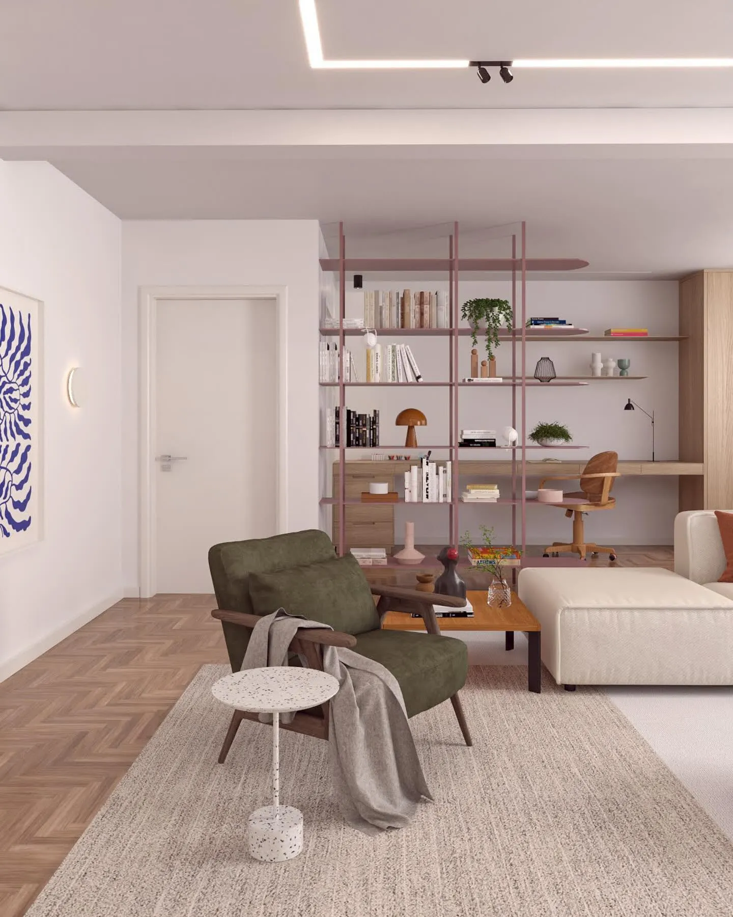 Sala de estar do apto 42 em render, com sofá claro e tapete
