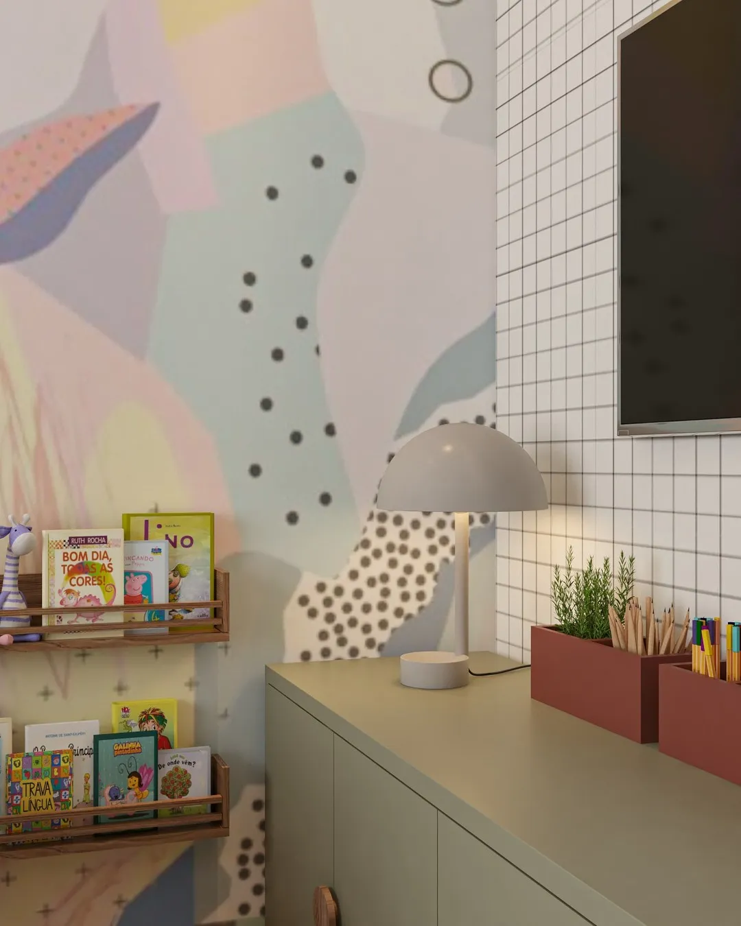 Dormitório infantil 42C: parede de mural com TV e gabinete sálvia
