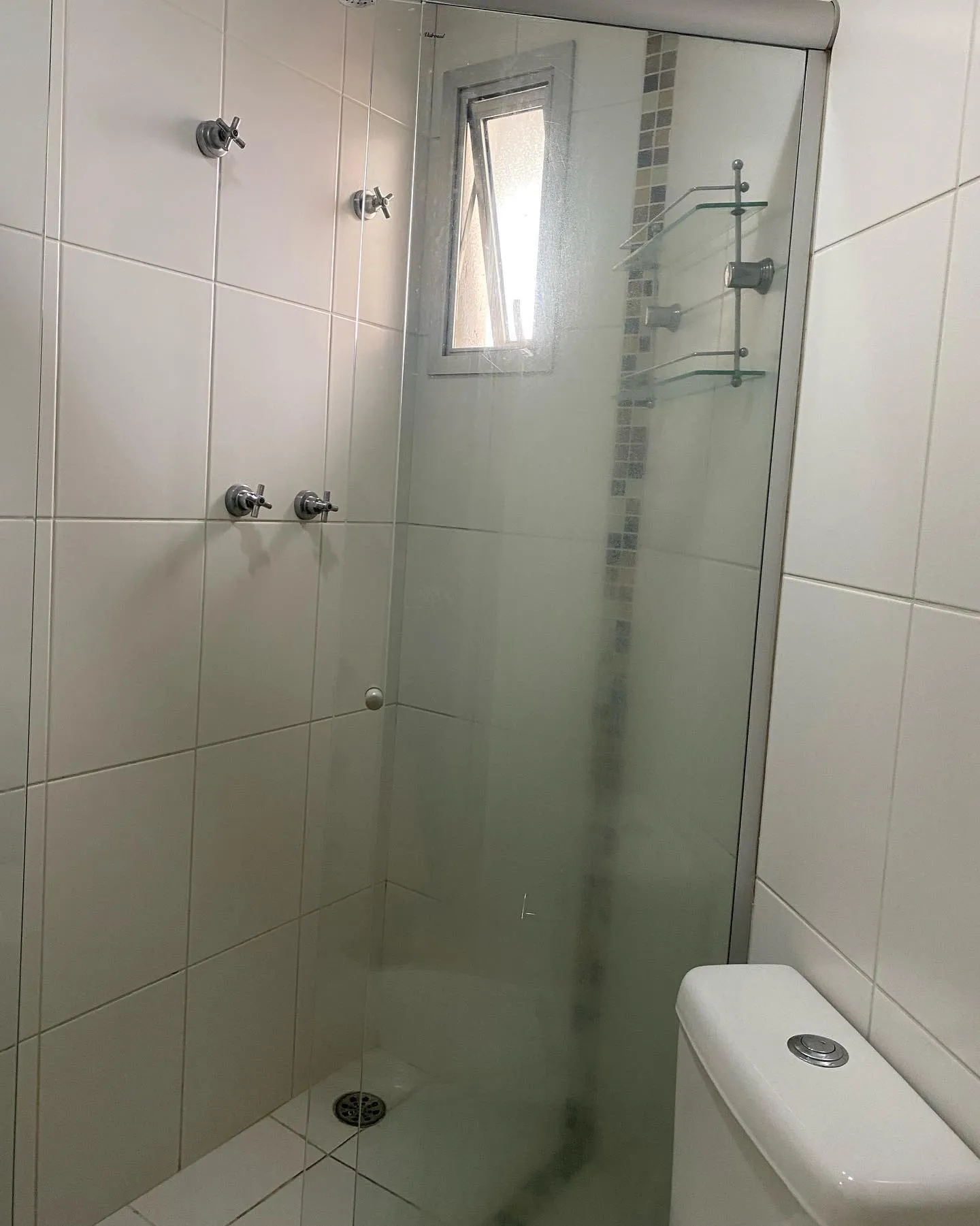 Banheiro da suíte antes da reforma: box antigo com chuveiro branco e revestimento datado