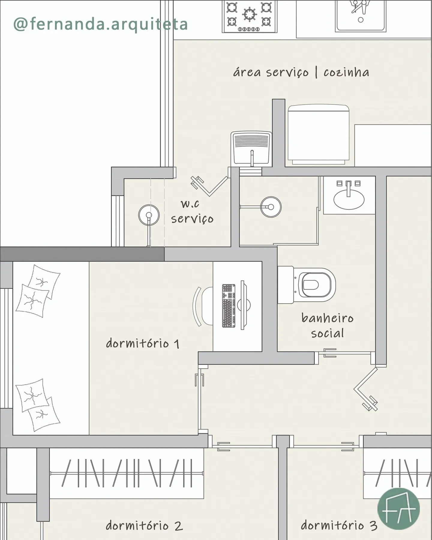 Planta baixa do apartamento 101A com banheiro suíte e banheiro social