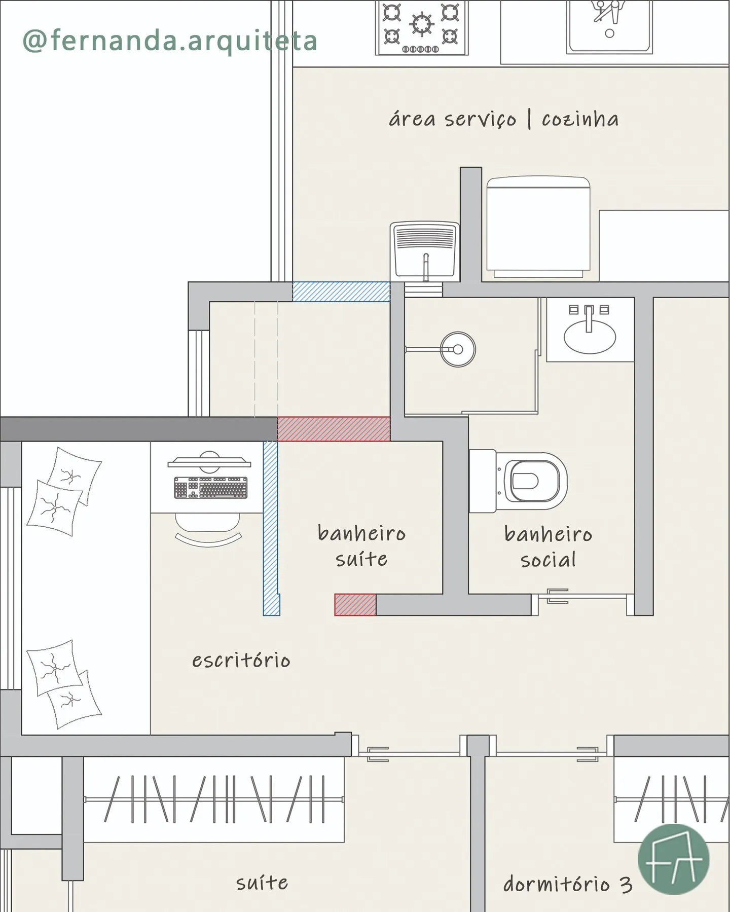 Planta baixa com o layout proposto para os banheiros do 101A