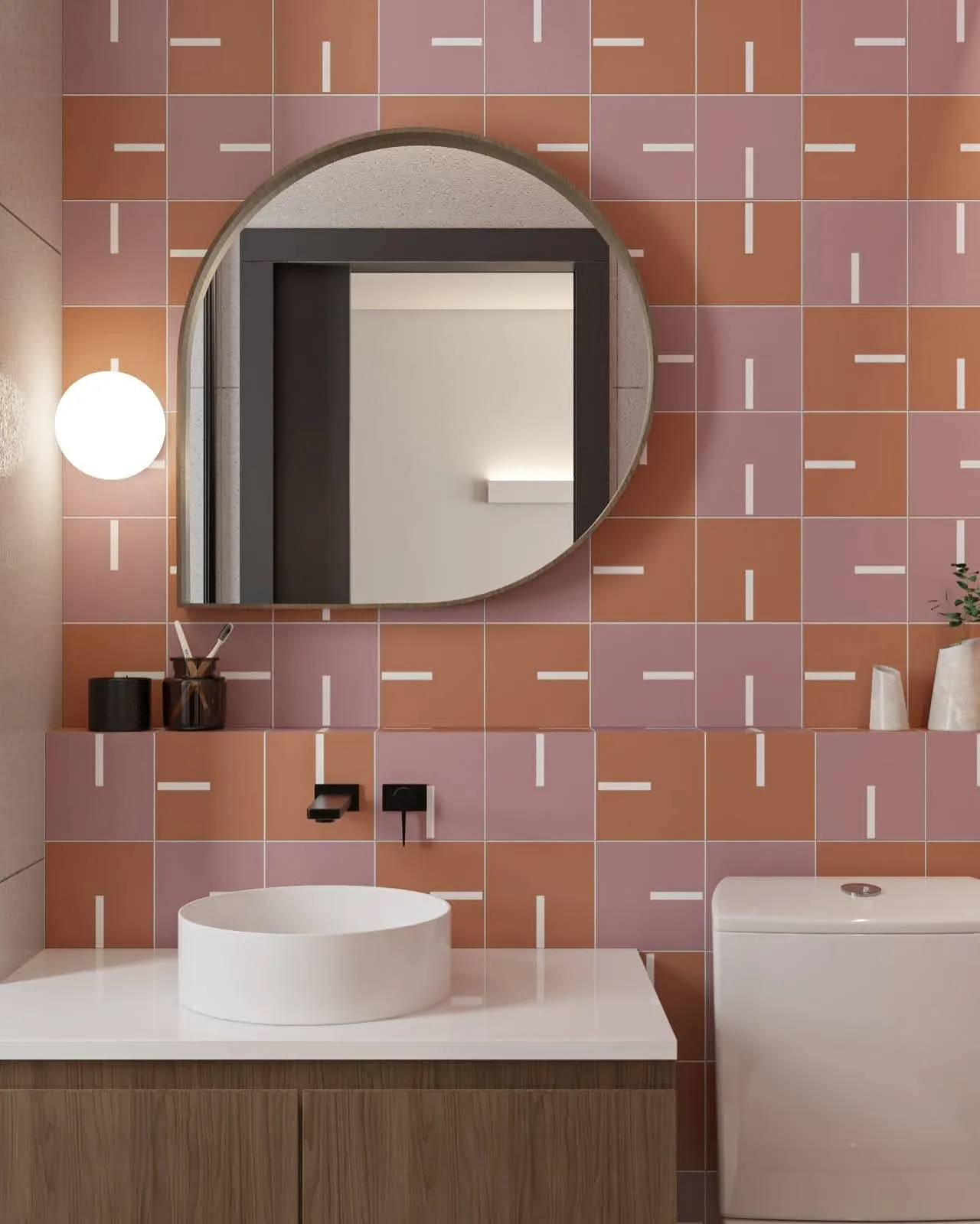 Banheiro em render 3D na variação rosa com acentos laranja