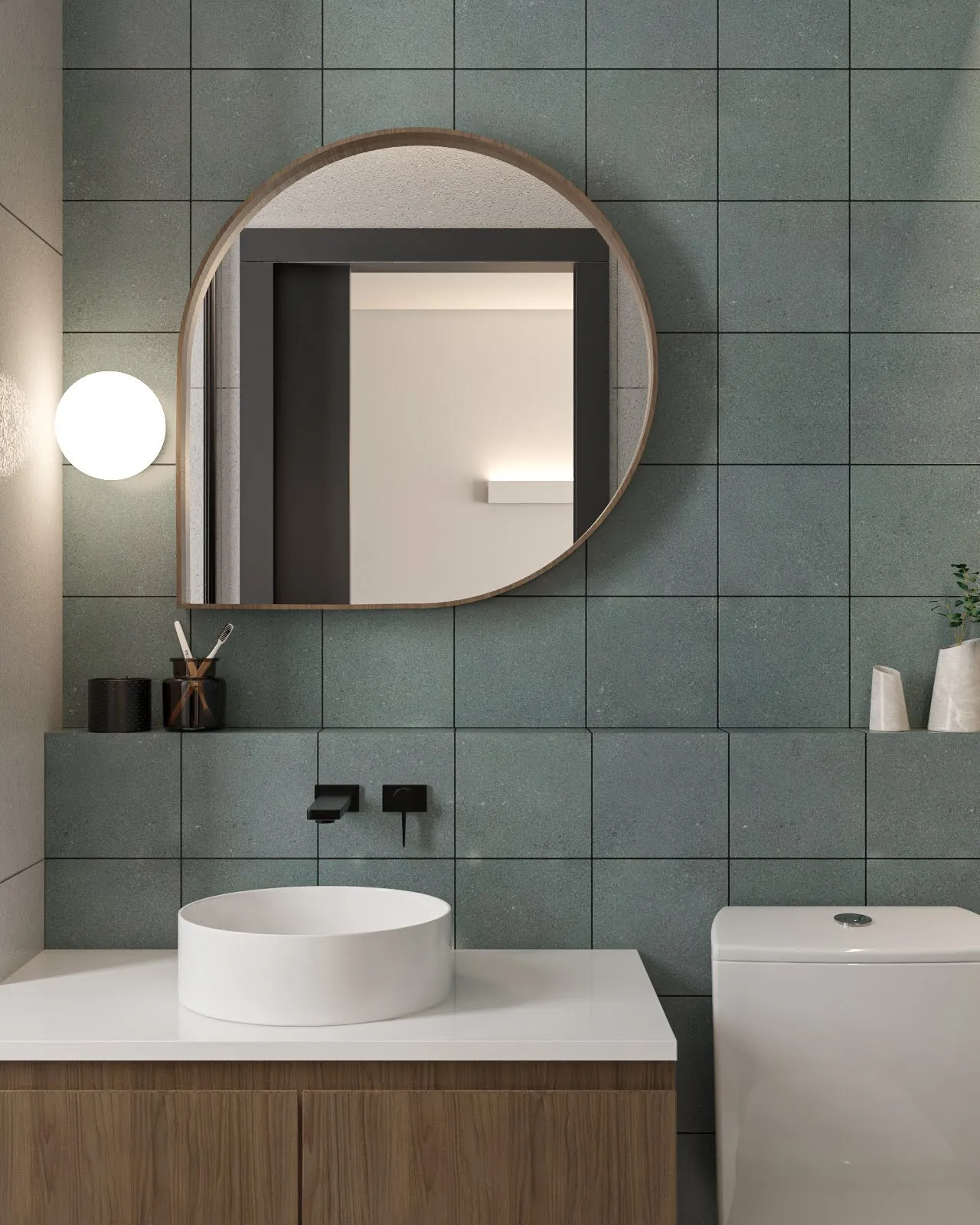 O mesmo banheiro em render 3D com azulejo verde-sálvia, espelho em arco e marcenaria de madeira