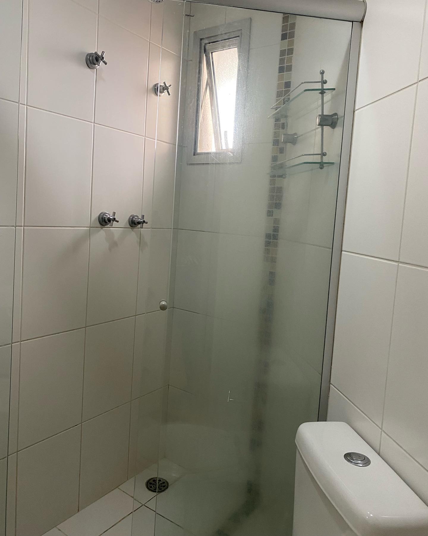 Banheiro da suíte antes da reforma: box antigo com chuveiro branco e revestimento datado