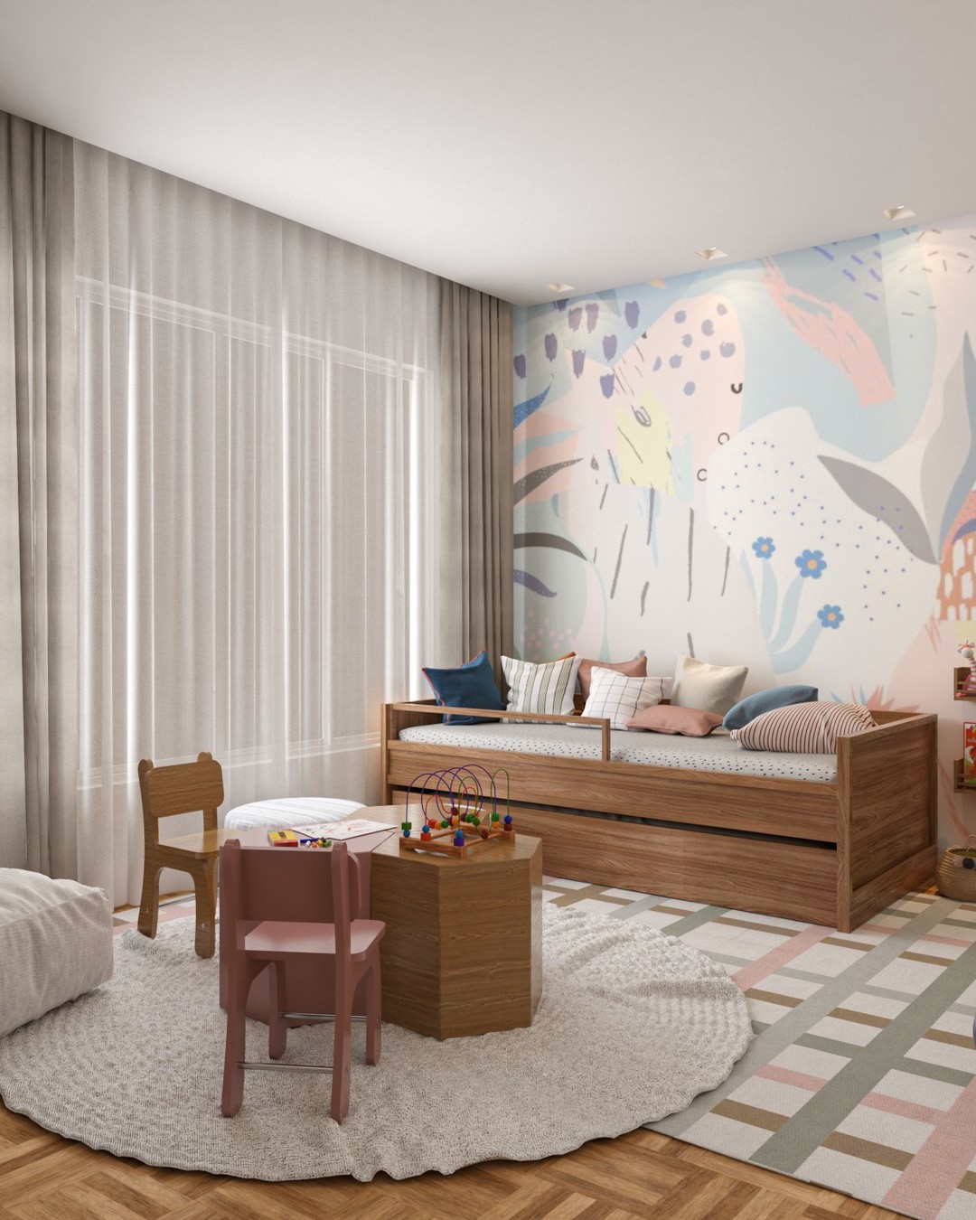 Dormitório infantil 42C: mural aquarela na parede, cama-baú de madeira e marcenaria verde-sálvia