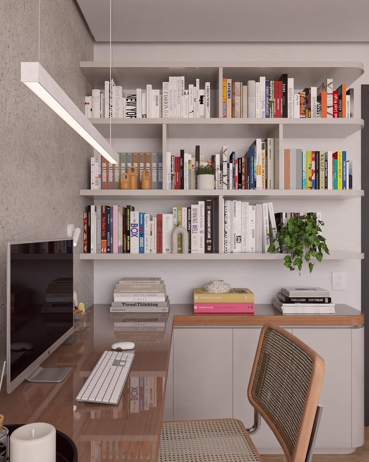 Escritório do apto jerônimo em render 3D: estante clara cheia de livros, bancada de madeira e cadeira de palhinha