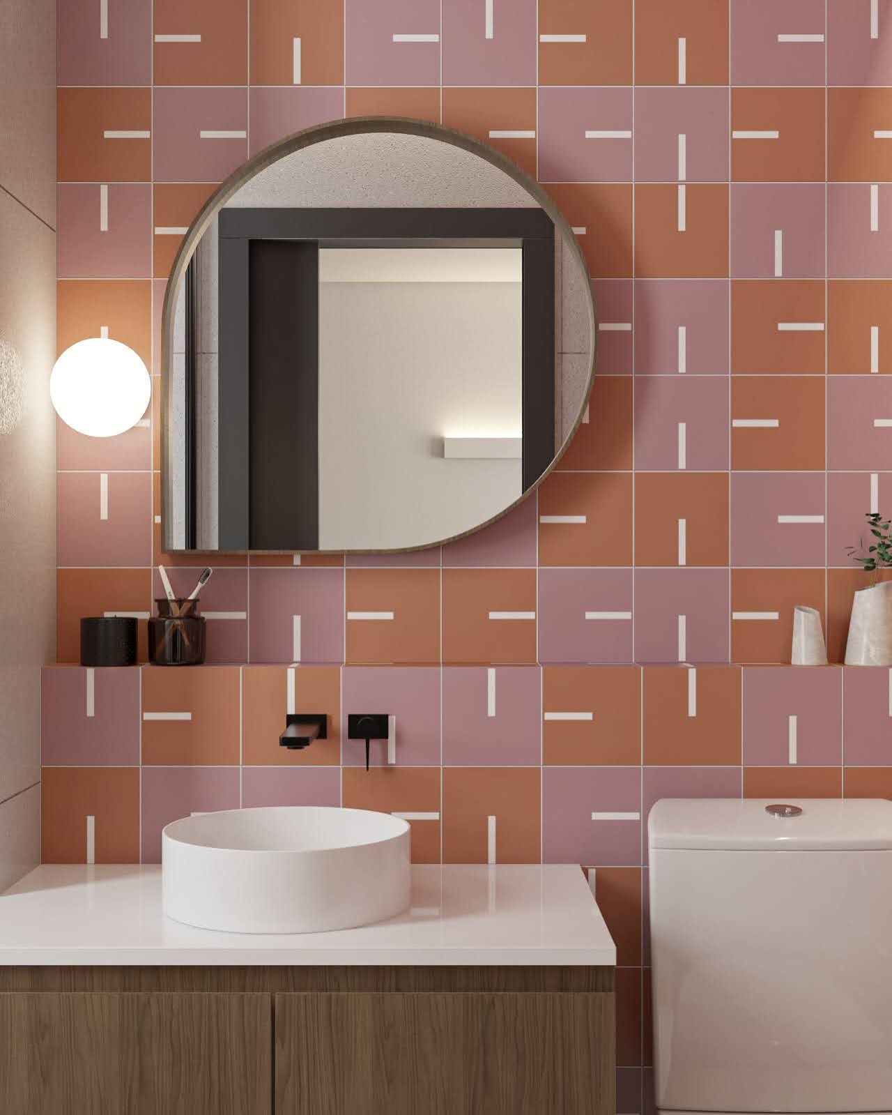 Banheiro em render 3D na variação rosa com acentos laranja
