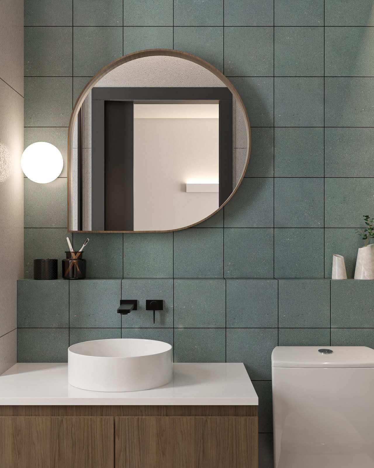 O mesmo banheiro em render 3D com azulejo verde-sálvia, espelho em arco e marcenaria de madeira